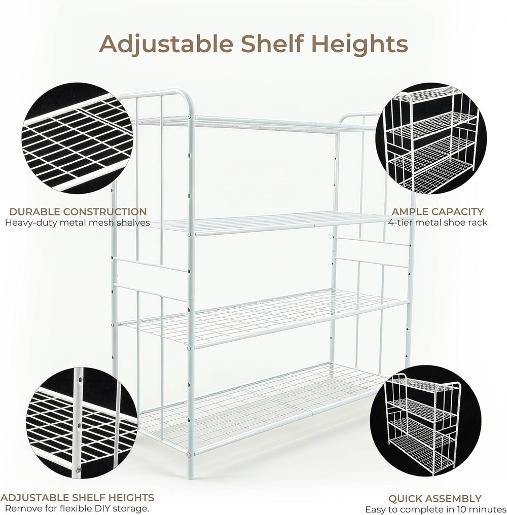 HOSY 4-Tier Metal Shoe & Boot Rack, Standing Adjustable White Utility Shelf