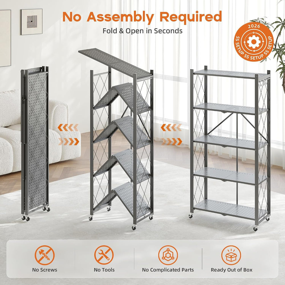 Fenbeli Foldable Shelves with Wheels - 5 Tier Folding Shelf, Collapsible No A...