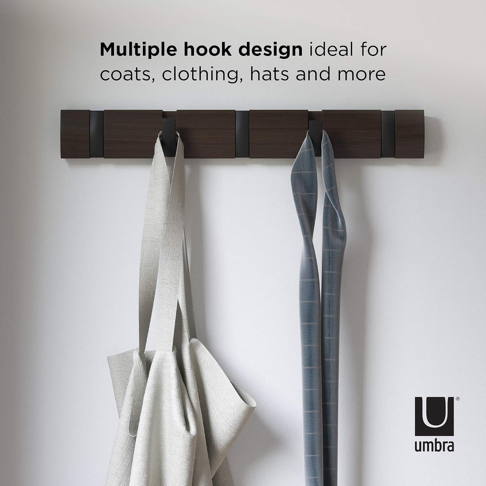 Umbra Flip Coat Rack, Wall Mounted 5-Hook Space Saving, Walnut/Black