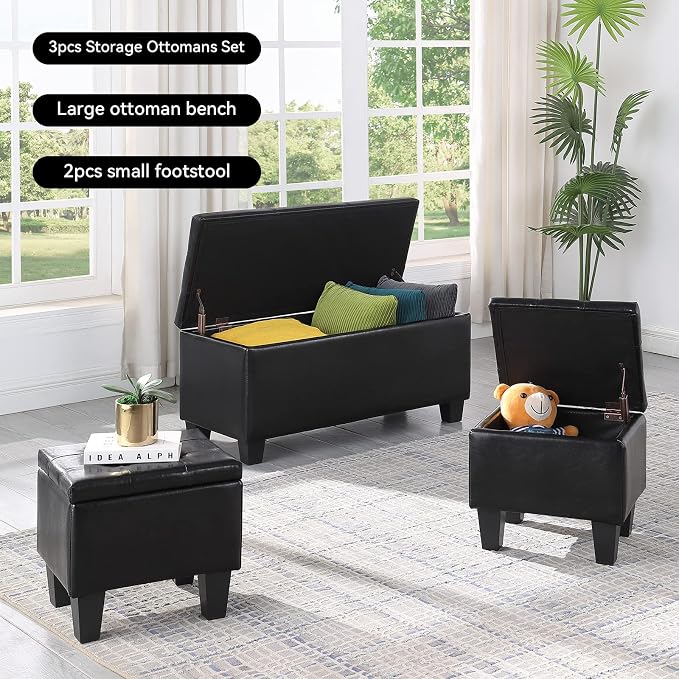 Storage Ottoman Set of 3, for Living Room Couch, End of Bed