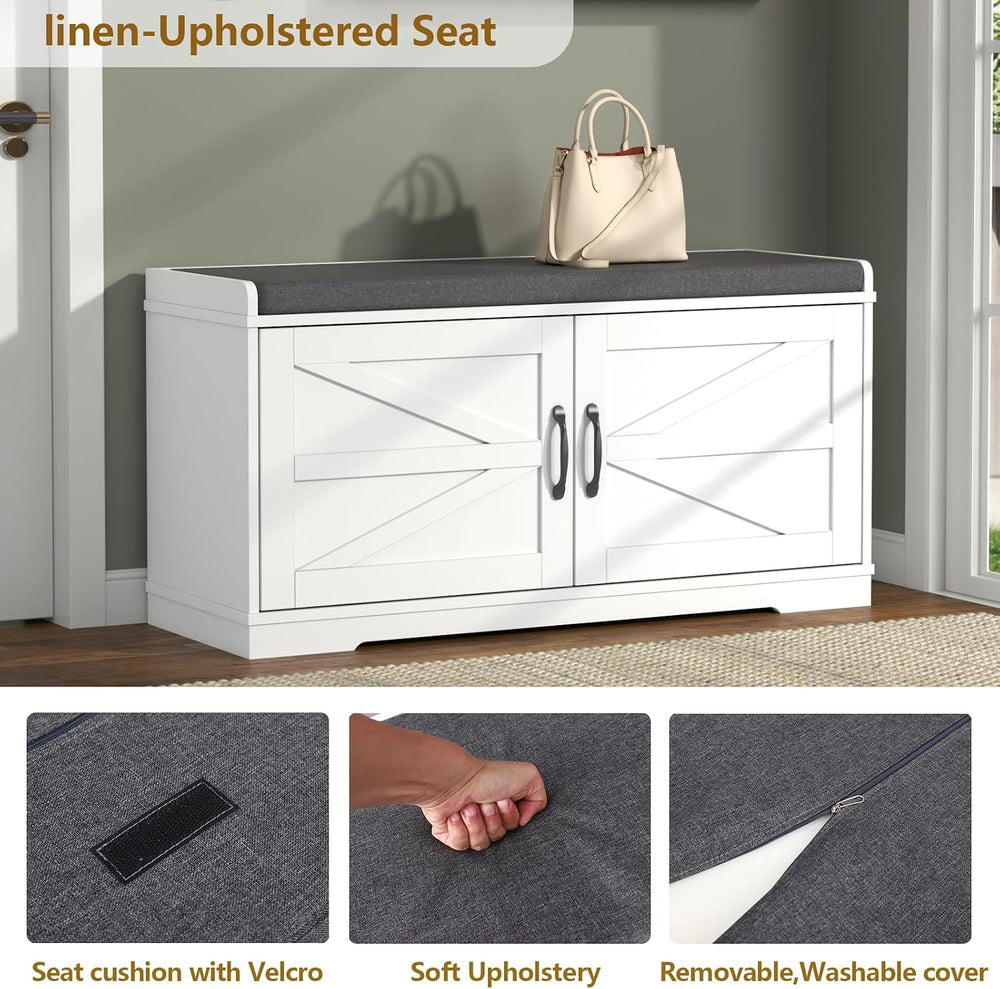 Loomie Shoe Storage Bench, 2-Tier Farmhouse Entryway Bench with Padded Seat C...