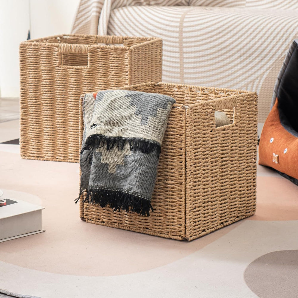 13x13x13 Storage Cube Bins Set of 4, Paper Rope Hand Woven Storage Basket wit...