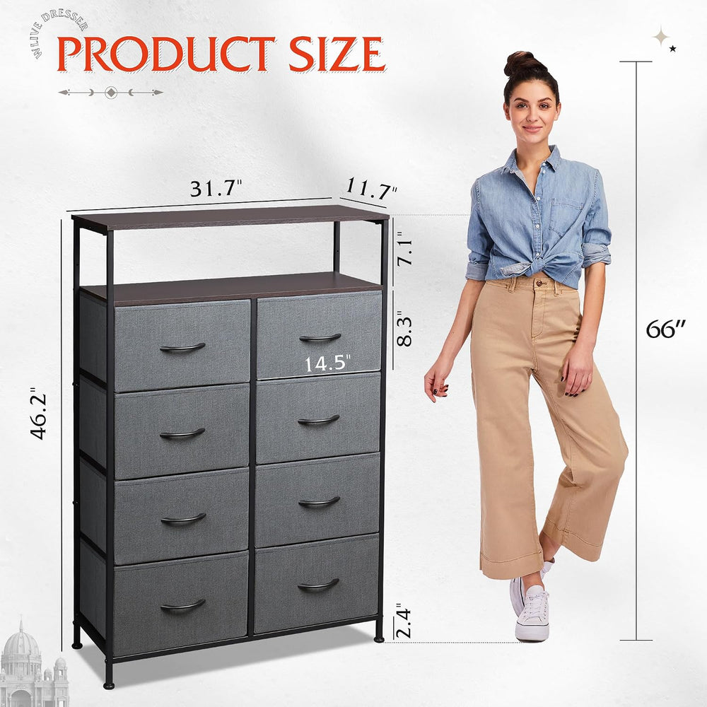 WLIVE 8 Drawer Fabric Dresser Open Shelves, Tall Bedroom Chest, Dark Grey