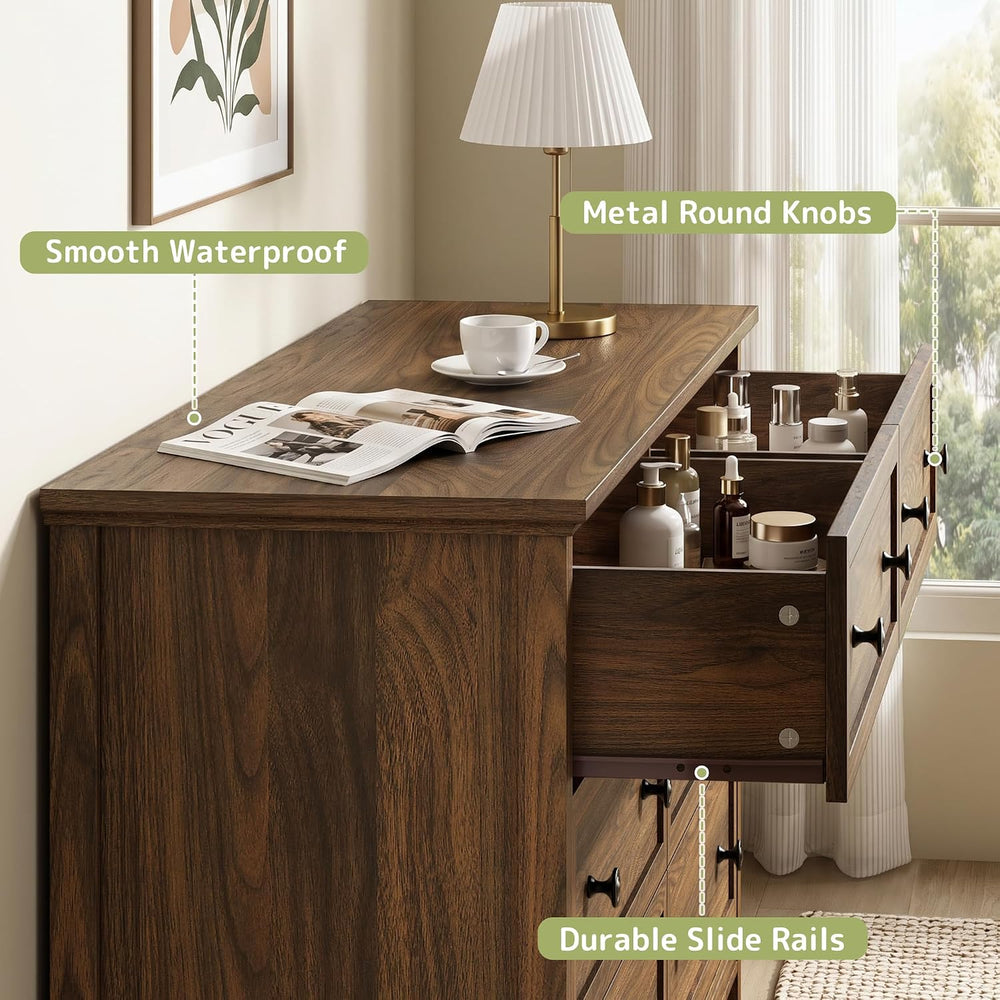 Walnut 6 Drawer Dresser for Bedroom, 55" Wood Chests of Drawers for Hallway