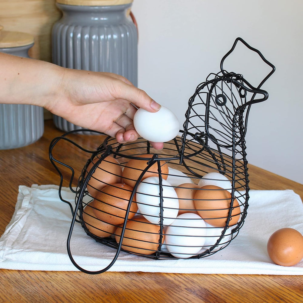 Rural365 Chicken Egg Basket - Chicken Shaped Decorative Black Metal Wire Bask...