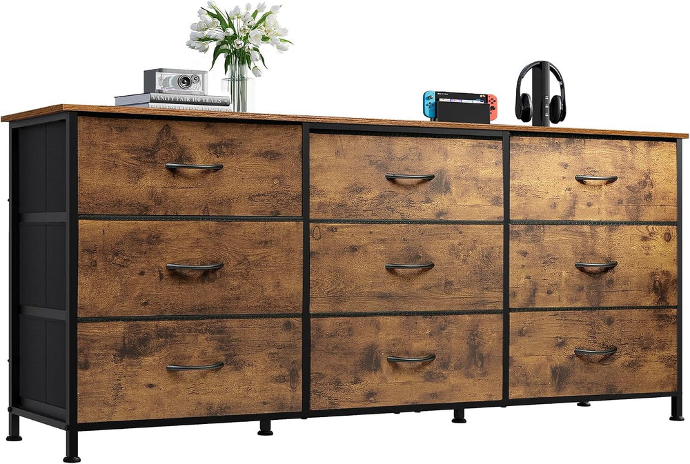 WLIVE Dresser TV Stand for 65 Inch TV, 9 Drawer Dresser, Rustic Brown