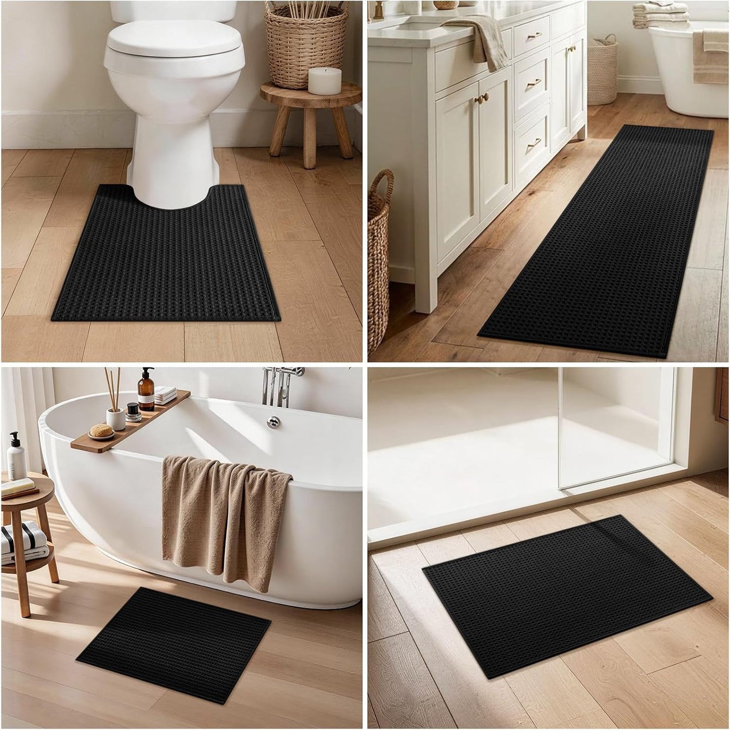 YIHOUSE Waffle Bath Mat Set, Ultra Soft & Absorbent Bathroom Rug Set, Non-Slip Rubber Backed, Quick Dry Shower Mat, Boho Farmhouse Bathroom Decor, Machine Washable, Black, 2 PCS