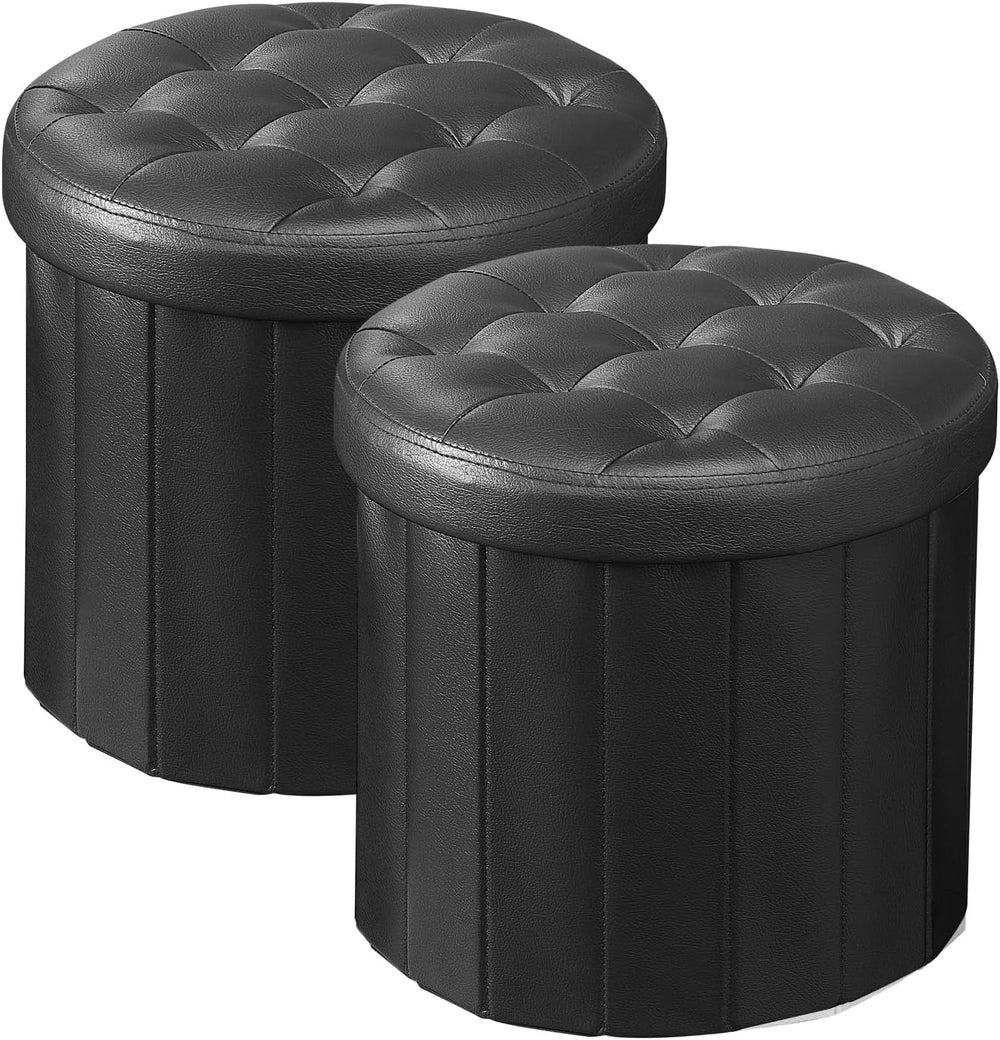 Bsketa Round Storage Ottoman, 14" Folding Leather Foot Rest, Black 2 Pack