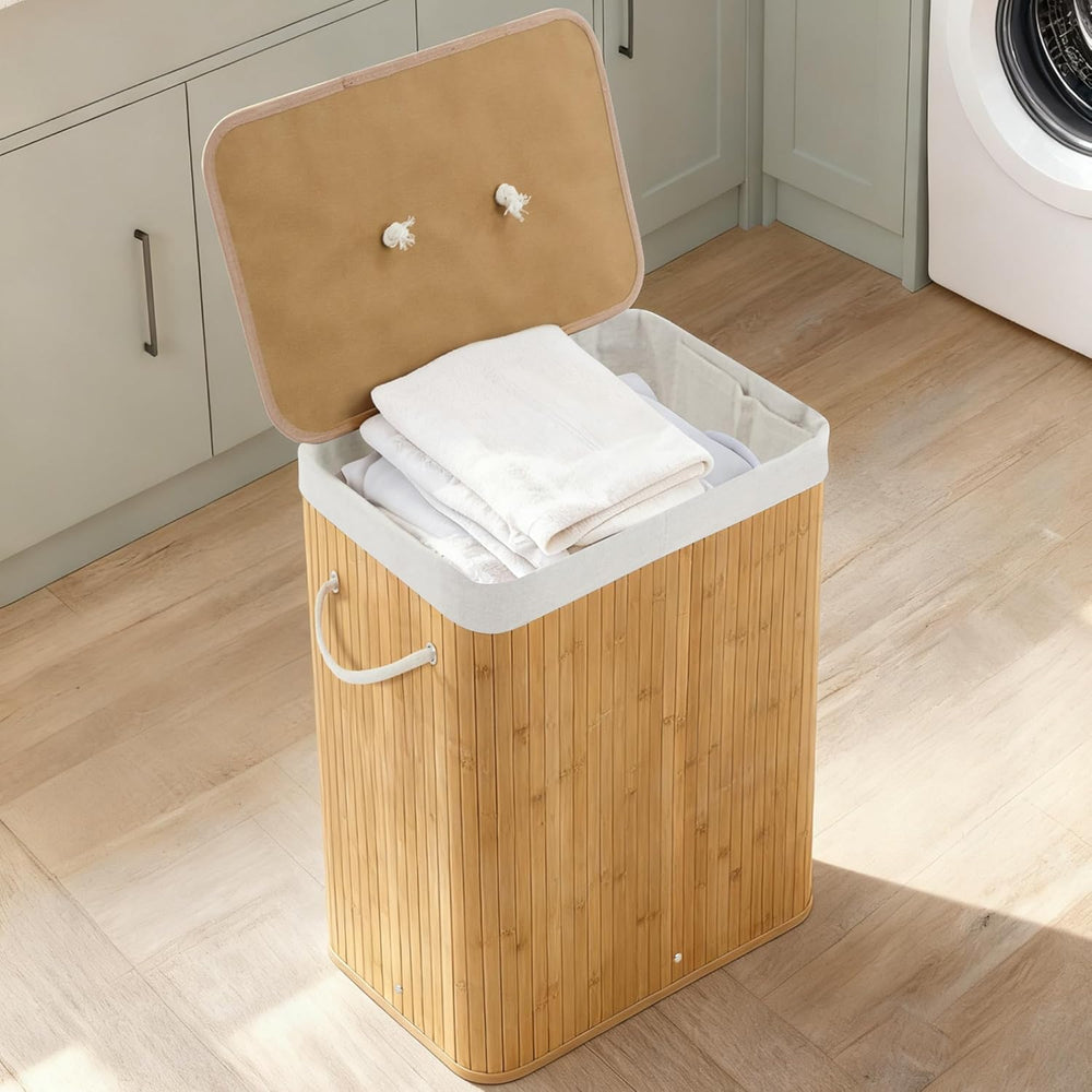 Slim Bamboo Laundry Hamper with Lid, 106L Large Collapsible Wooden Clothes Ba...