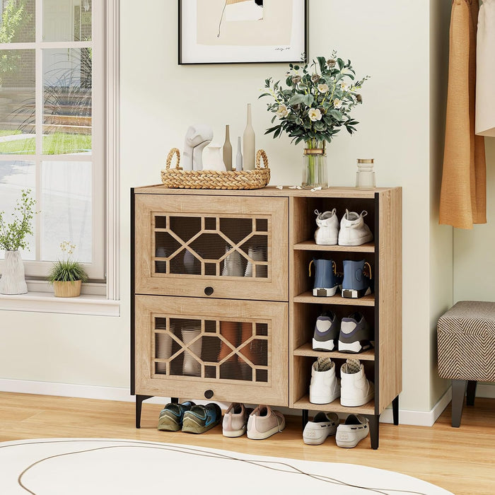 LOKO Shoe Storage Cabinet, Modern Shoe Organizer with Flip Doors, Adjustable & Removable Shelves, Rustic Shoe Shelf for Entryway, Hallway, Mud Room, Living Room, Oak (Decorative Doors)