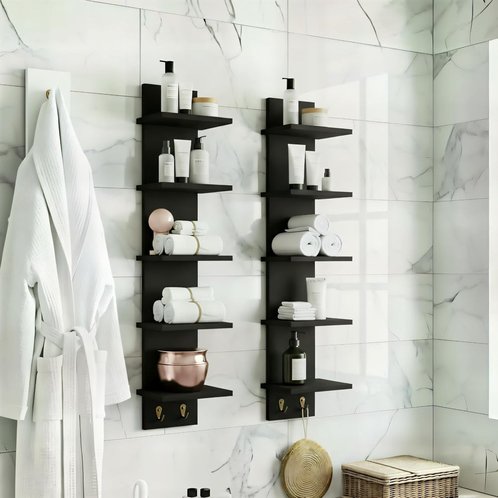 Sorbus 5-Tier Floating Wall Shelf with Hooks, 31 Inch (2 Pack, Black)