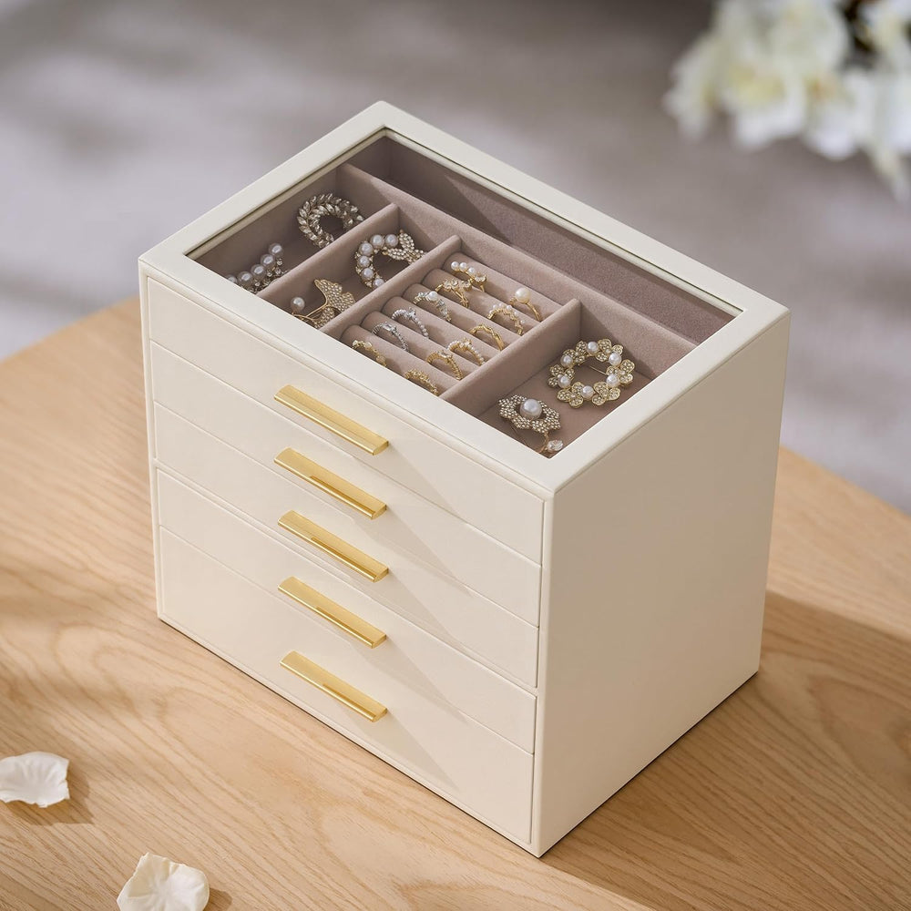 Jewelry Box Organizer Storage Case, 5-Layer with Glass Window, White