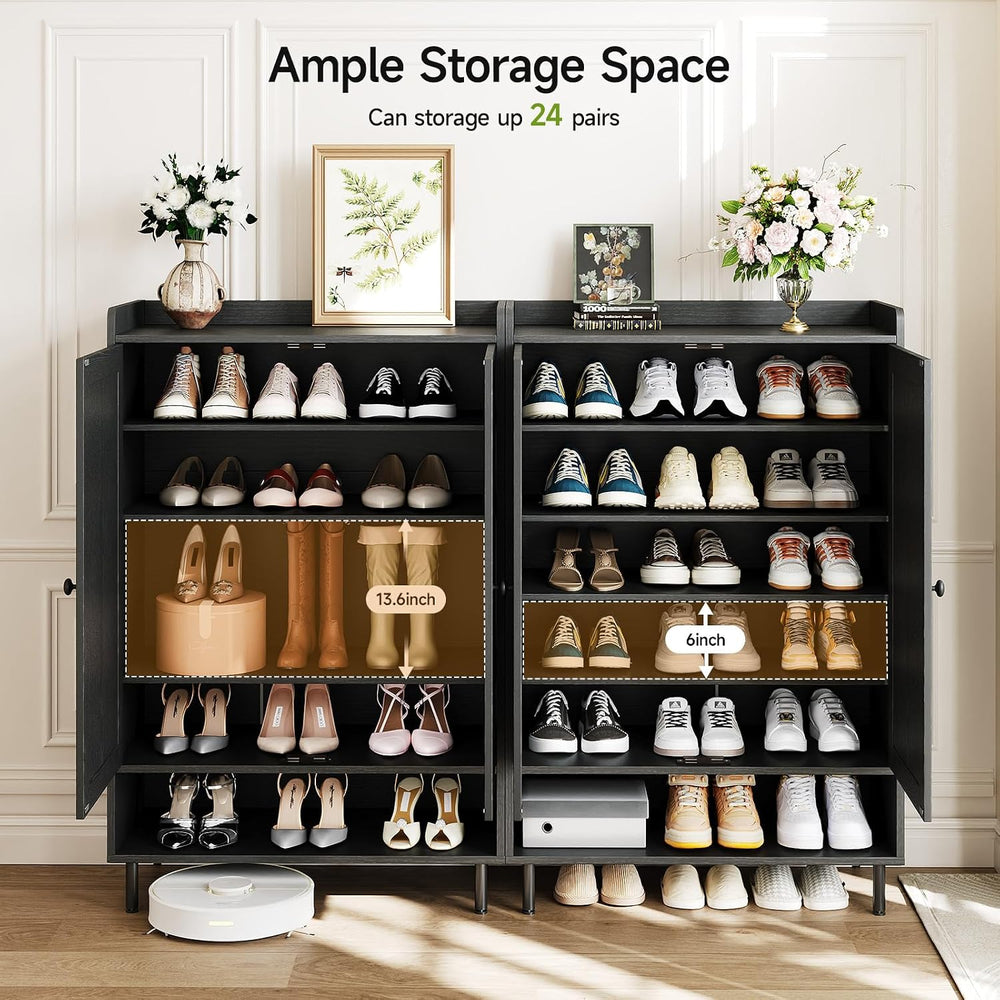 ComfyCorner Shoe Cabinet with Cross Molding Doors, 6-Tier Storage, Black