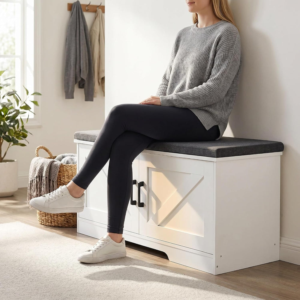 HOMSHO Farmhouse Shoe Storage Bench with 2 Barn Doors & Padded Seat Cushion