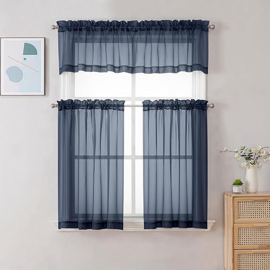Chyhomenyc Navy Blue Sheer Curtains 30 inch Length 2 Panels, Light Filtering - Image 2