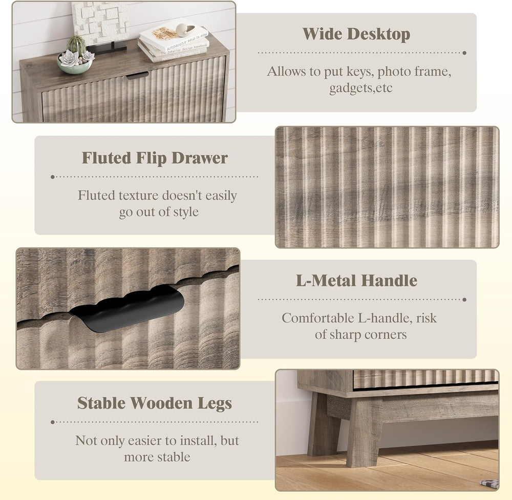 HUANLEGO Shoe Cabinet Storage for Entryway with 2 Flip Drawers, Fluted Narrow...