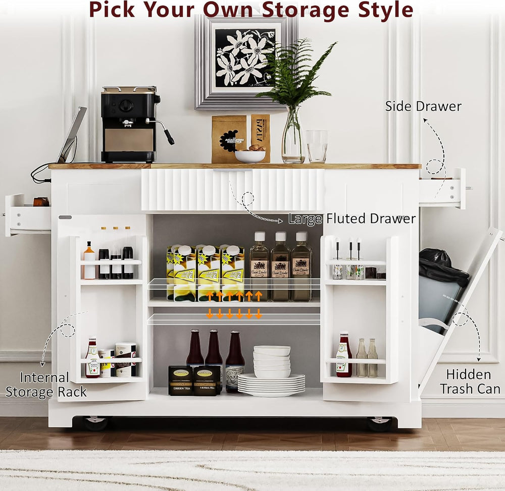Fluted Rolling Kitchen Island Cart on 5 Wheels with Trash Can Storage Cabinet...