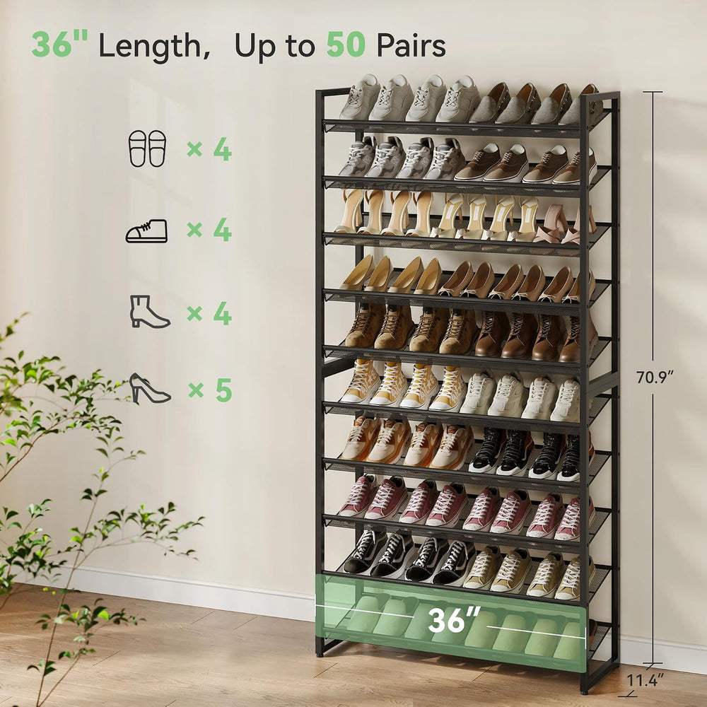 Nunsino Shoe Rack,10 Tier Metal Shoe Organizer,Max Holds 50 Pairs,Heavy Duty ...