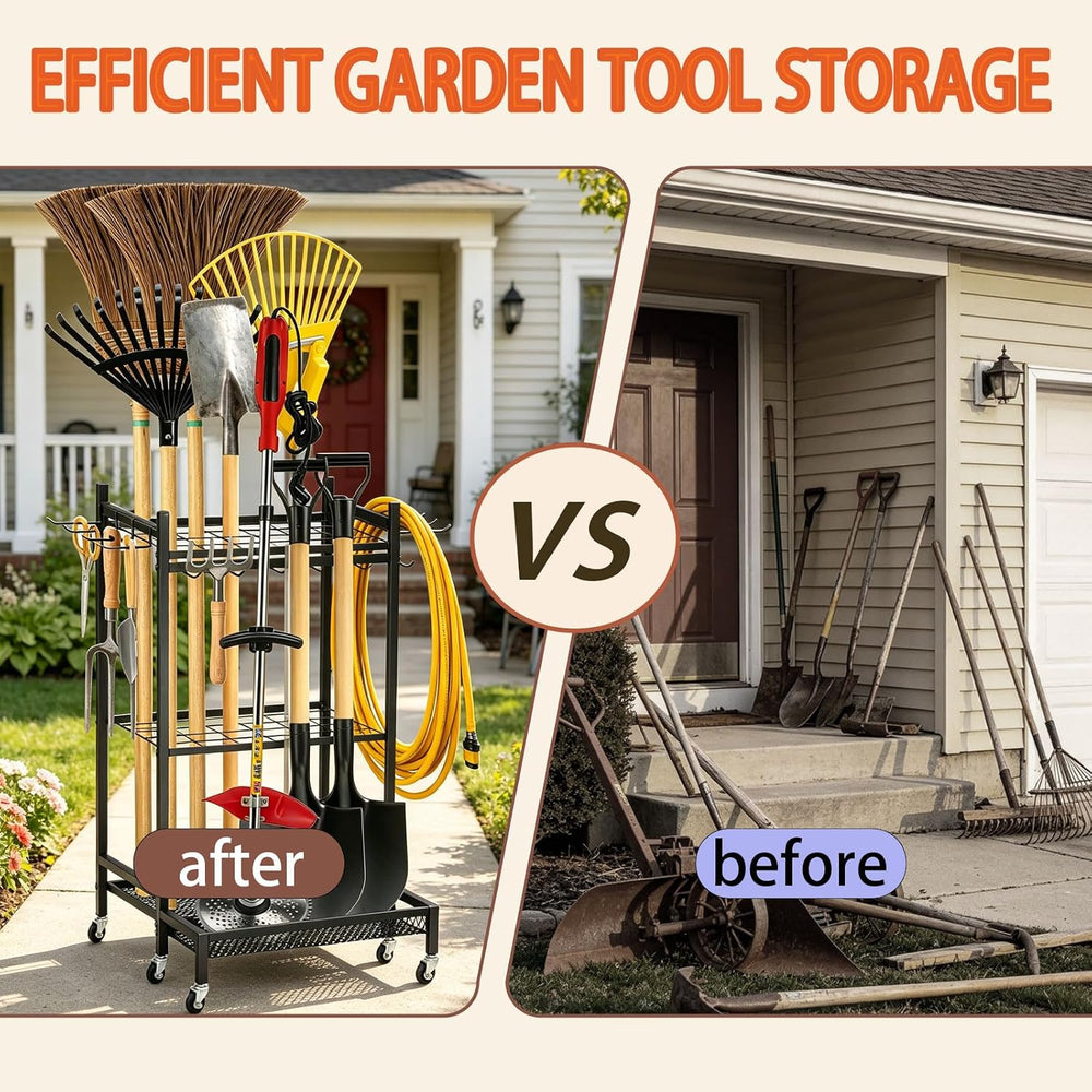 Garden Tool Organizer Rack with Wheels Up to 30-35 Tools, Heavy-Duty Steel Ya...