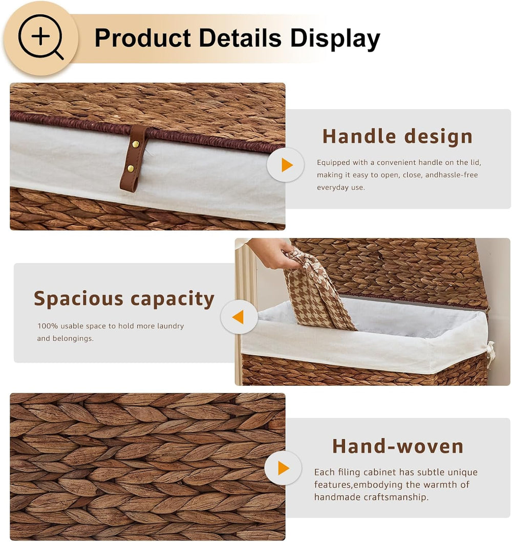 Handwoven Laundry Hamper with Wheels, Natural Water Hyacinth Rolling Laundry ...
