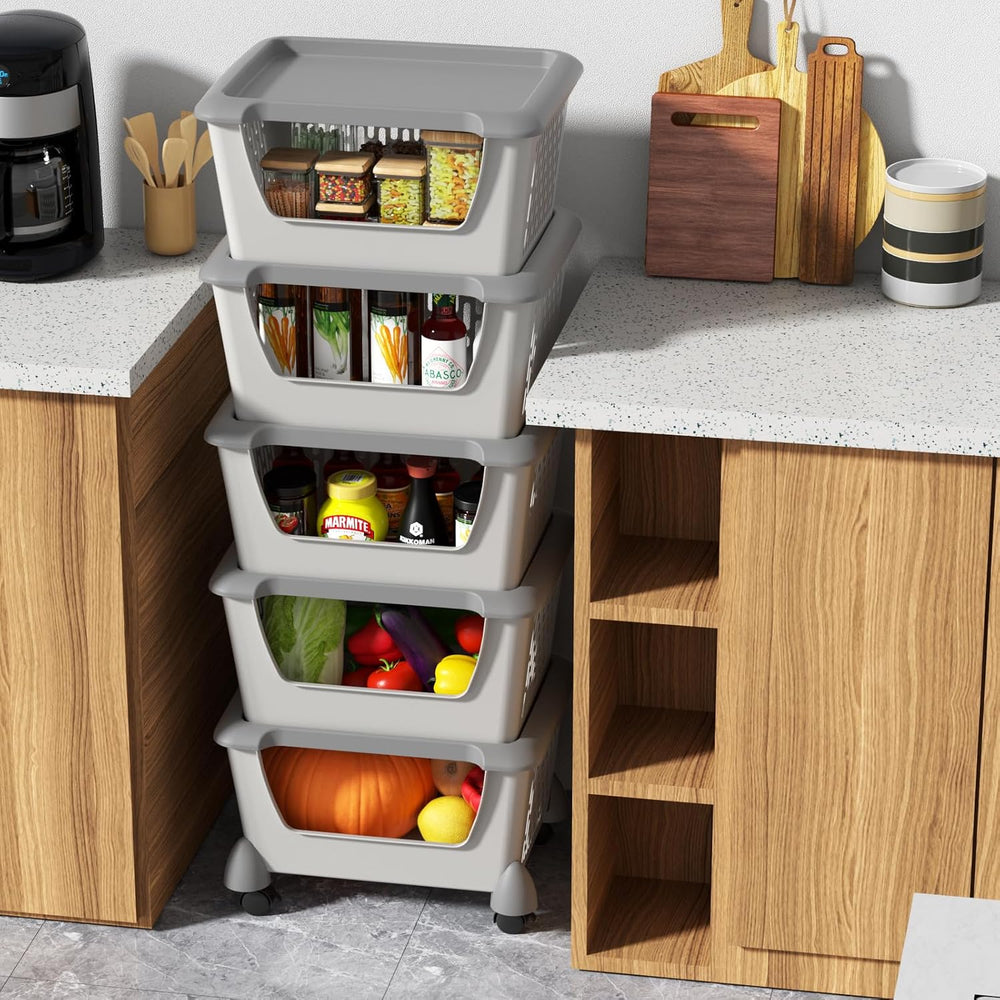 Plastic Stacking Basket with Wheels, Stackable Storage Basket Organizer, 5 Tiers