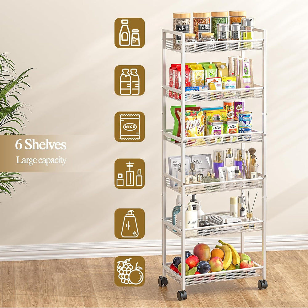 6 Tier Slim Rolling Storage Cart, Narrow Mobile Shelving Unit Organizer Utili...