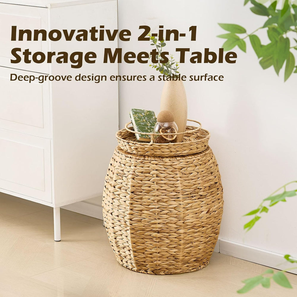Round Wicker Basket with Lid, Handwoven Water Hyacinth Storage Basket, Blanke...