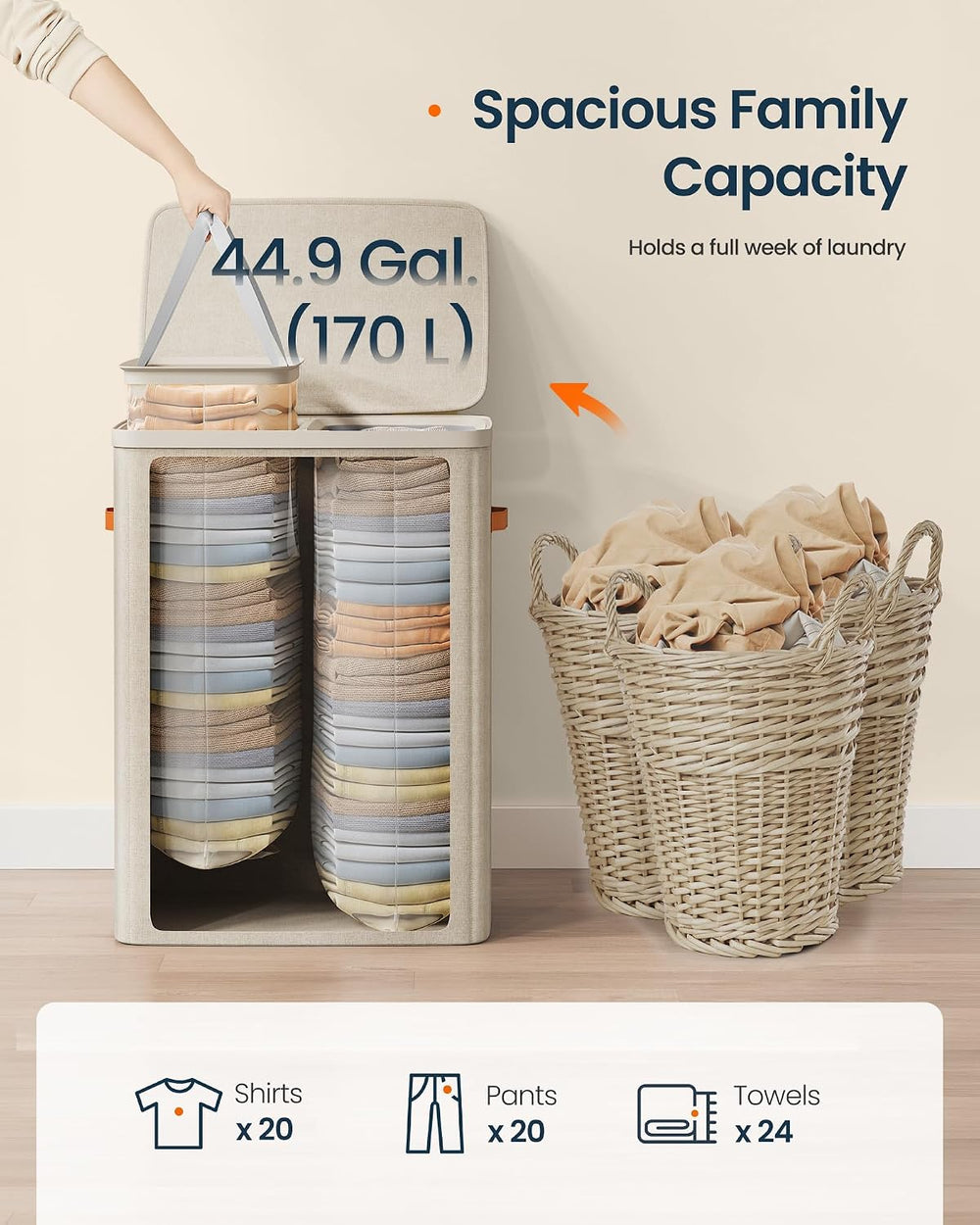 SONGMICS HOME Laundry Hamper with Lid, 2 Section Laundry Basket with Removabl...