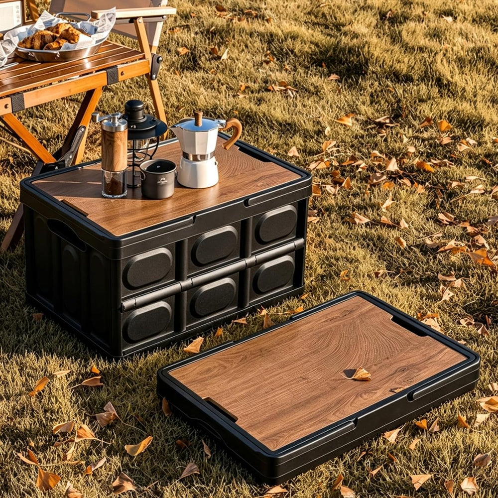 Collapsible Storage Bin with Wood Lid, Stackable Camping Storage Box for Car ...