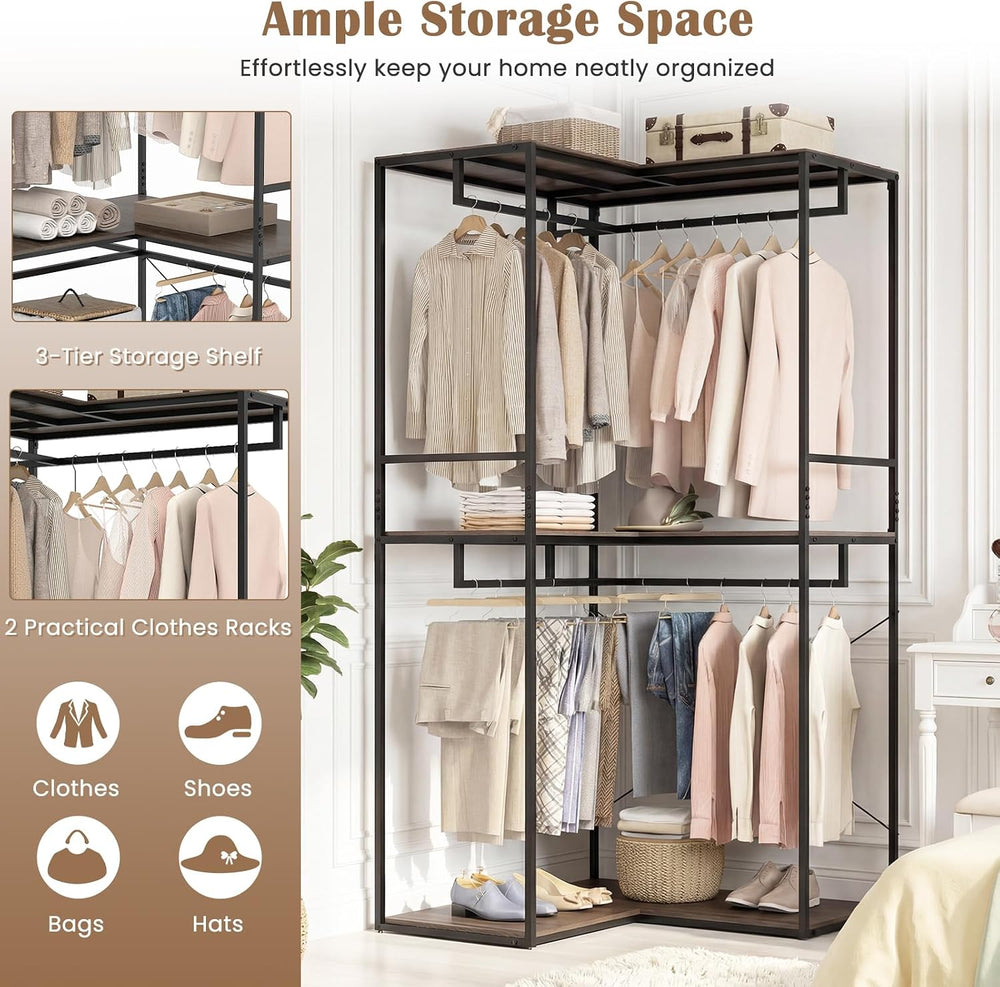 GIANTEX Heavy Duty Clothes Rack, 3-Tier L-Shaped Garment Rack w/3 Open Shelve...