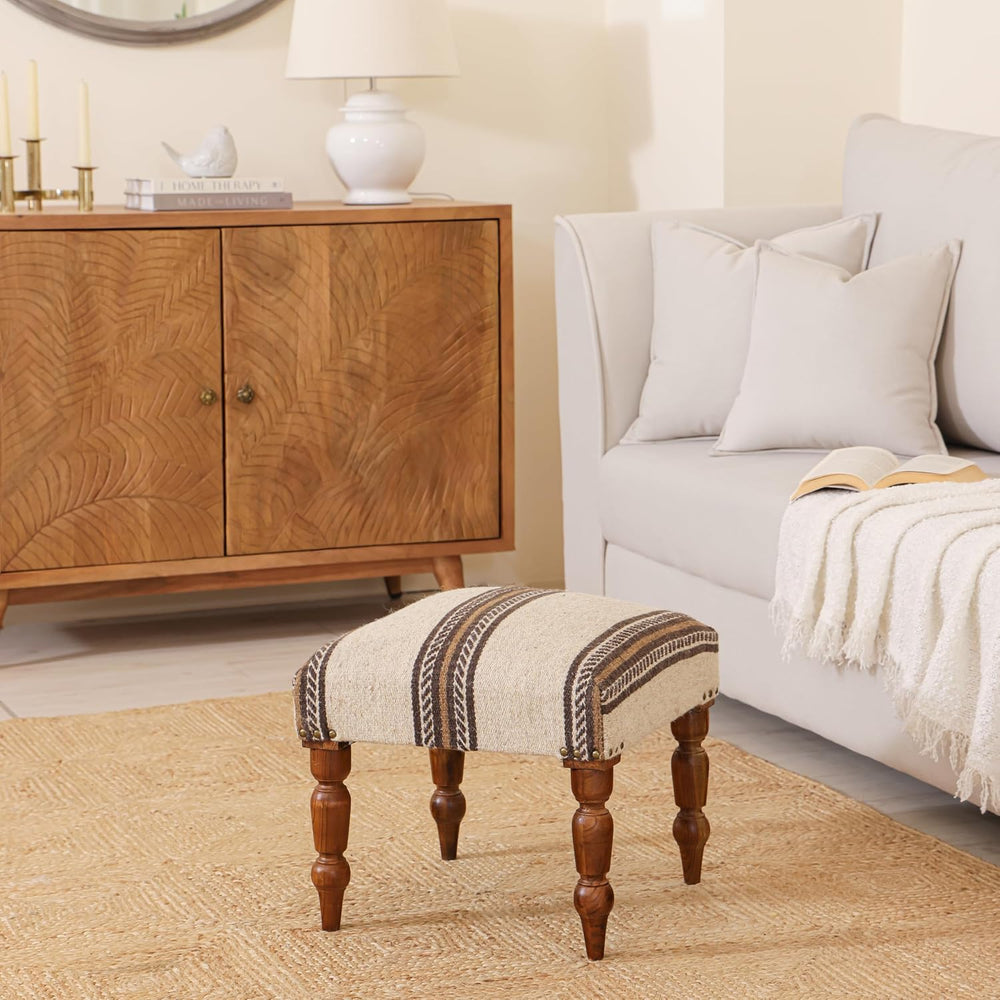 Handmade Jute Ottoman Stool with Wooden Legs | Square Upholstered Foot Rest &...