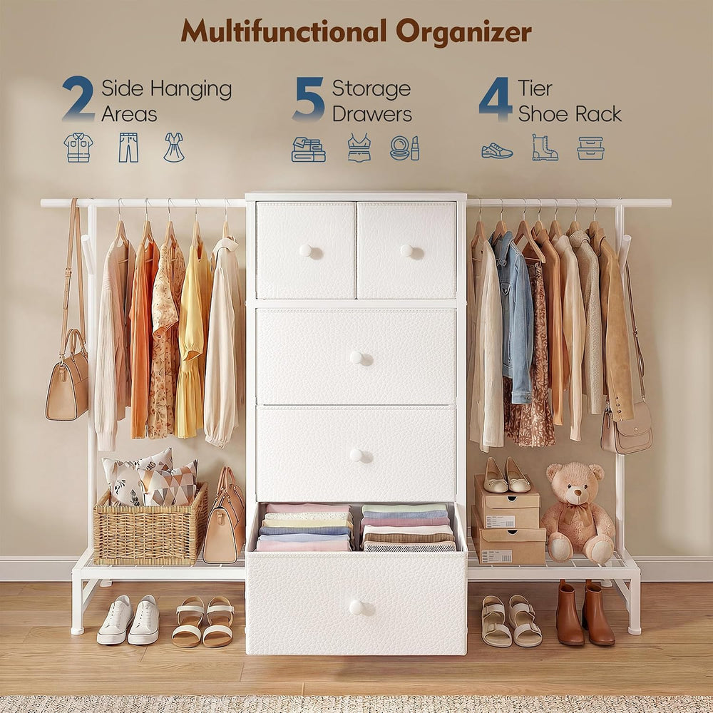Romorgniz 3-in-1 White Dresser with Hanging Rack, 5 Drawers & 2 Shoe Racks