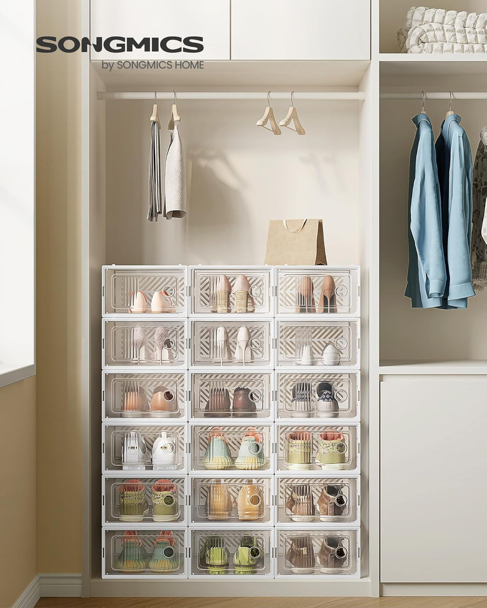 SONGMICS Stackable Shoe Boxes, Foldable, Ventilated Clear, Set of 18