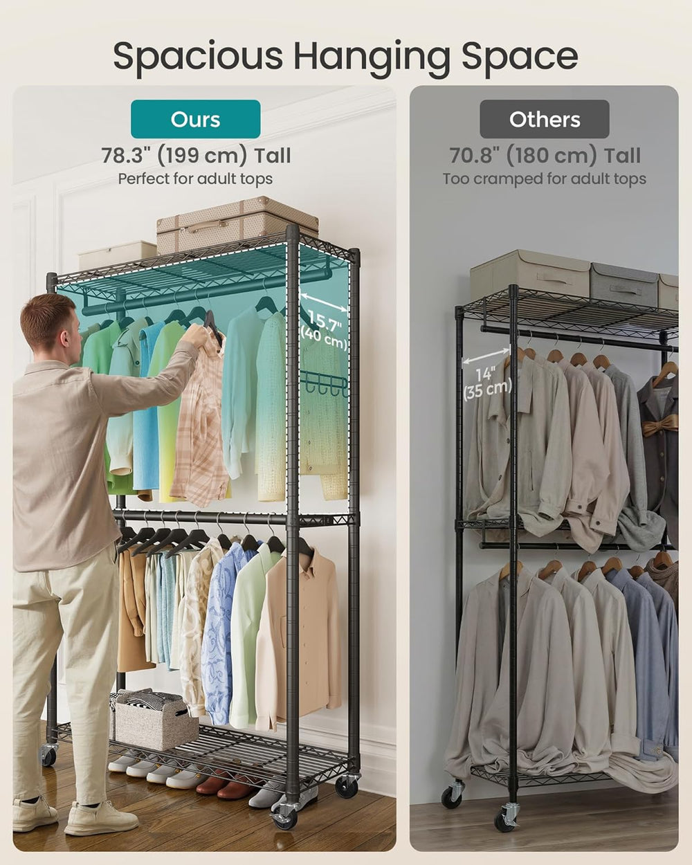 SONGMICS Heavy-Duty Clothes Rack, Portable Closet on Wheels, Garment Rack
