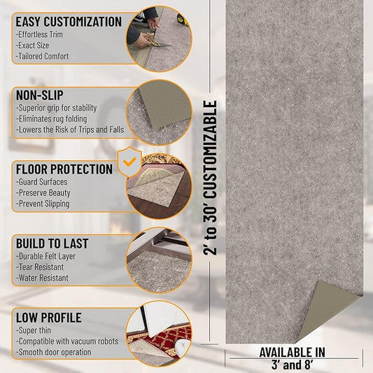 Ottomanson 8' x 9' Non-Slip Rug Pad Gripper 1/4 Inch Thick Dual Surface Felt + - Image 2