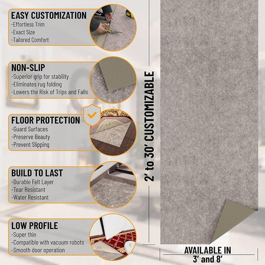 Ottomanson 6' x 8' Non-Slip Rug Pad Gripper 1/4 Inch Thick Dual Surface Felt + - Image 2