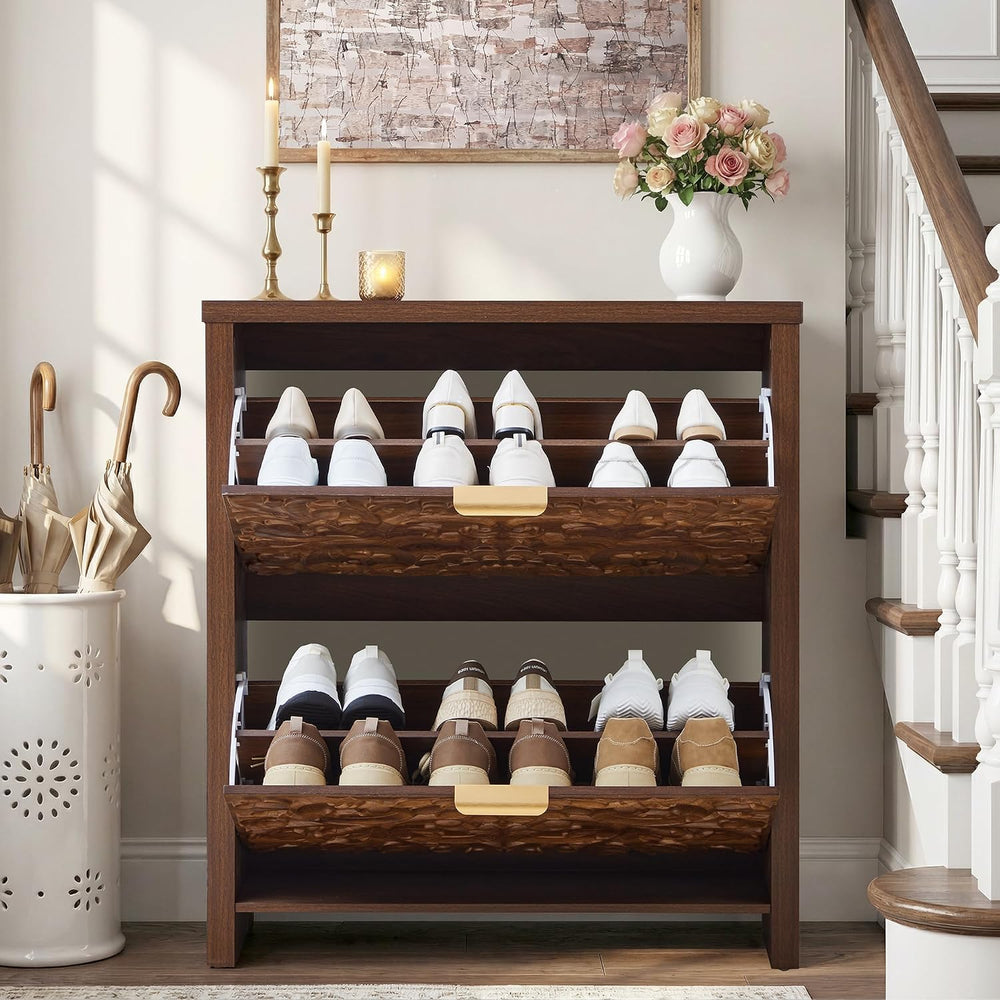 weselon Flip Drawer Shoe Cabinet Set of 2, Narrow Shoe Storage Cabinet, 2-Tie...
