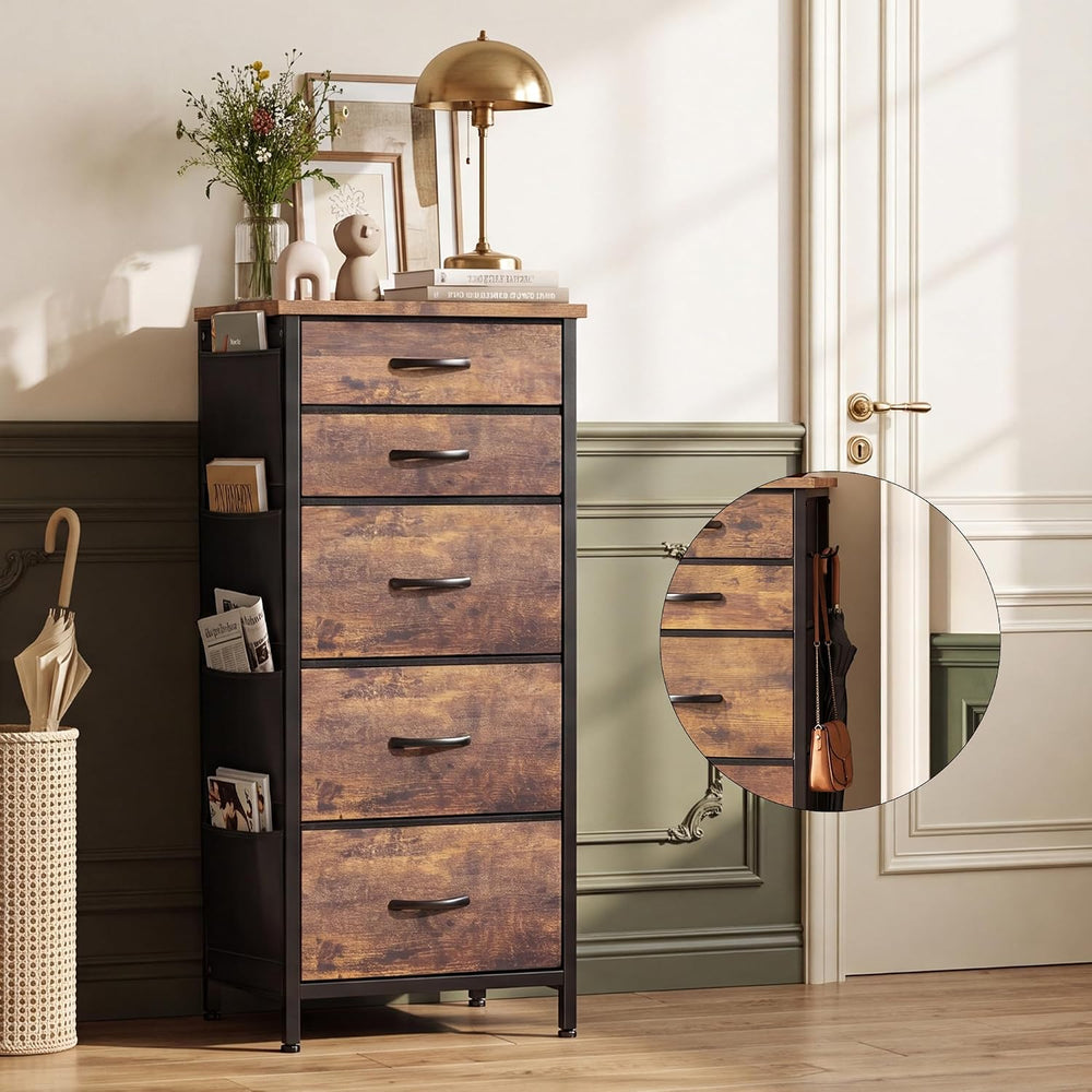 HCHQHS Tall Dresser for Bedroom 5 Drawers Fabric Rustic Brown