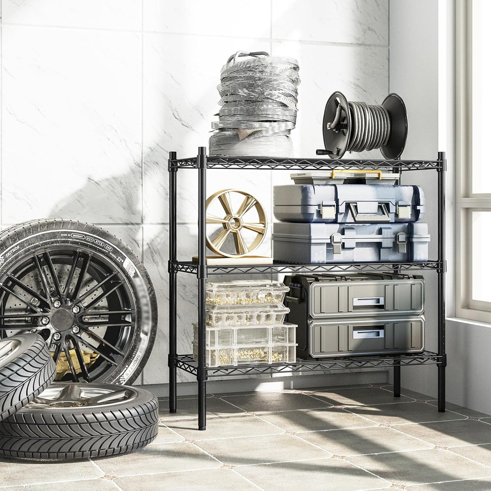 Auslar 3-Tier Heavy Duty Wire Shelving Adjustable Metal Storage Rack Black