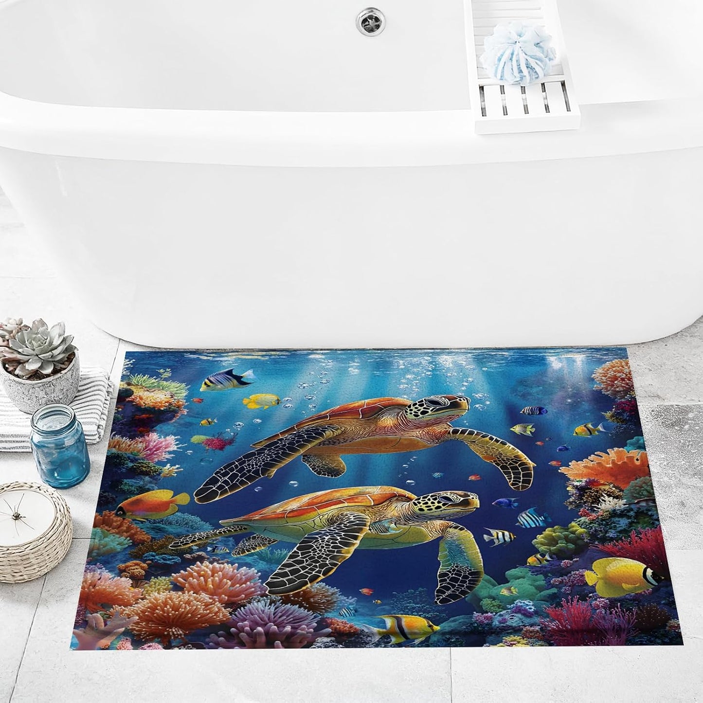 Sea Turtle Bath Mat Tropical Blue Ocean Animal Underwater World Coastal Fantasy Marine Life Fish Seabed in The Deep Sea Reef Bathroom Rug Toilet Doormat Floor Carpet Rugs Decor 17.8x29.5 Inch