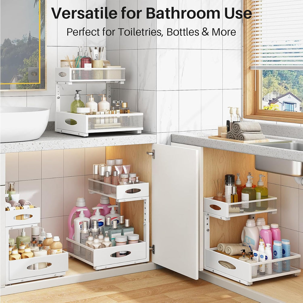 Under Sink Organizer, 2 Pack 2 Tier Pull Out Under Cabinet Organizer Shelf wi...