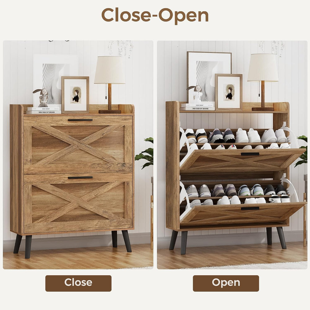 Homleke Farmhouse Shoe Storage Cabinet with Flip Drawers & Barn Door Design