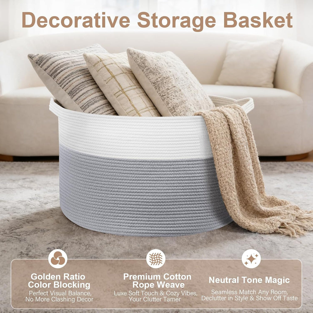 105L Large Blanket Basket Storage with Handles - White & Gray