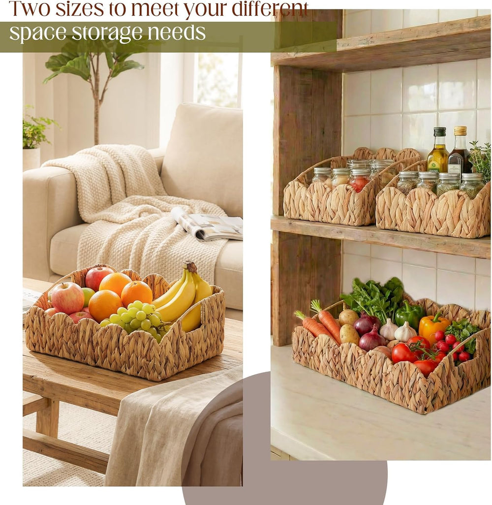 Lemonroad Scalloped Basket Set of 3, Handwoven Rattan Storage Baskets
