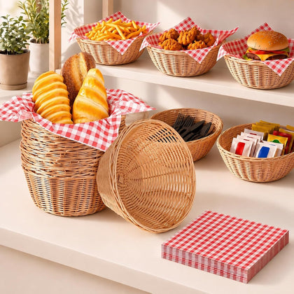 12 Pack Oval Wicker Bread Baskets with 100 Paper Liners, 7.1 x 7.1 x 3.1 in