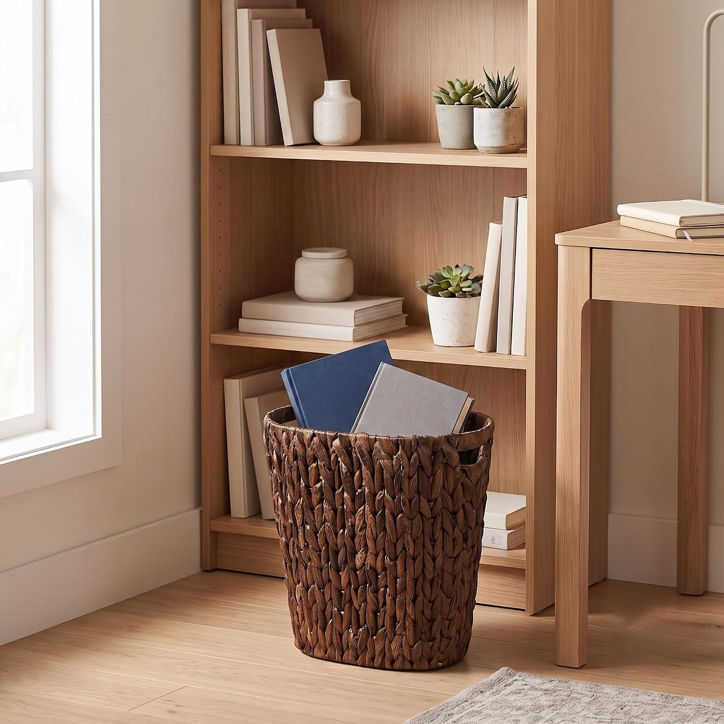 PINXIURY Bathroom Wicker Trash Can Handwoven Wicker Waste Basket with Built-in Handles Water Hyacinth Garbage Can for Bedroom Office Kitchen 100% Handmade 13" L x 7.5" W x 12.2" H, 3.2 Gallon Brown
