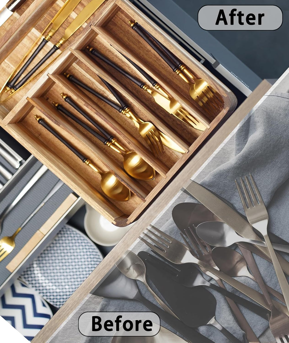 Silverware Drawer Organizer, Acacia Wood Tray for Cutlery & Flatware | Fi...
