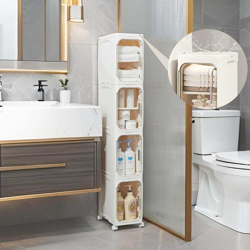 5-Tier Narrow Storage Cabinet Slim Bathroom Tall Skinny Organizer,Beige