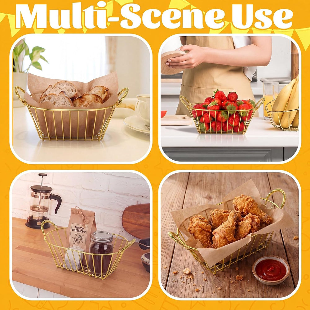 24 Pack Gold Metal Wire Fast Food Baskets Bulk with 100 Food Blotting Sheet