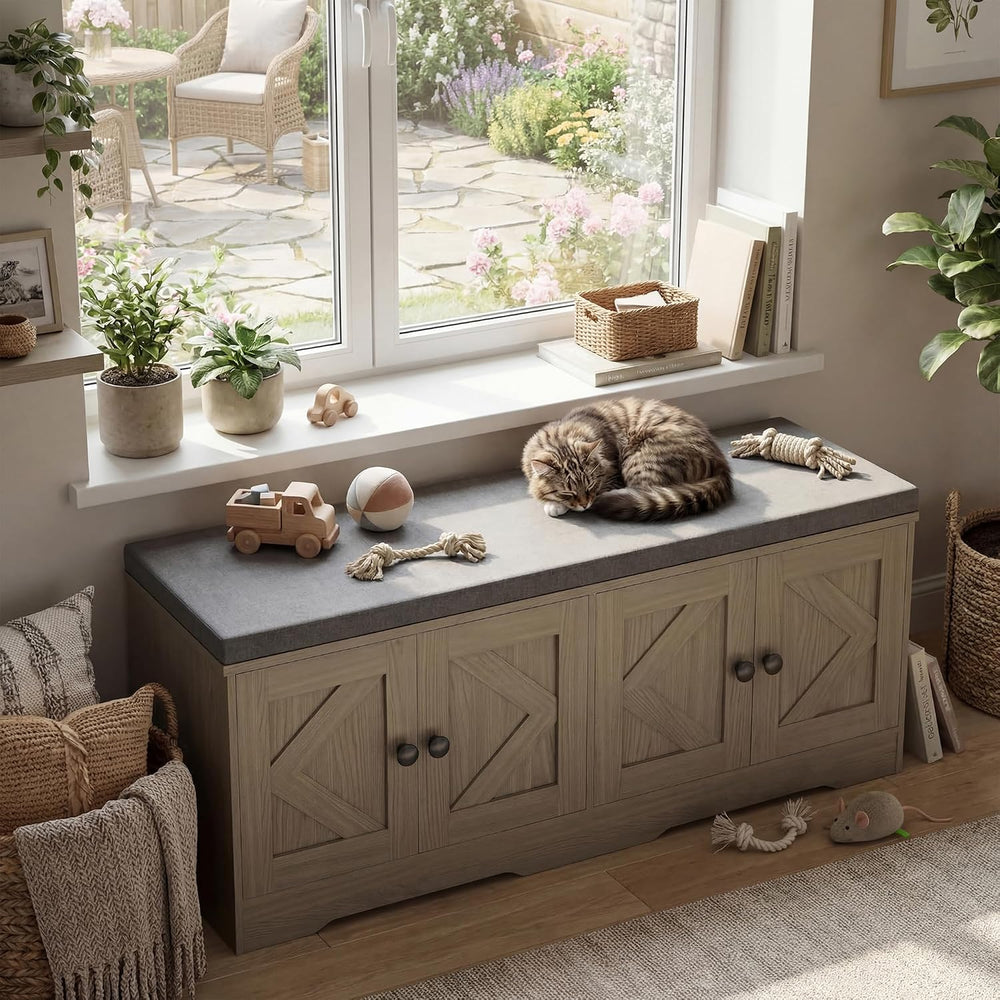 Apicizon Storage Bench with Seat Cushion, 2 Tier Entryway Bench with 4 Barn D...